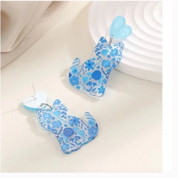❤️ FREE Toile Cat Kitten Animal Floral Flower Hipster Chic Glam Drop Earrings - Picture 3 of 4